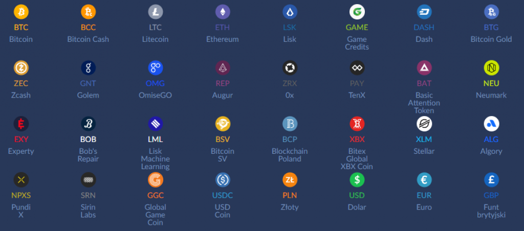 kryptowaluty na bitbay: Bitcoin (BTC), Ethereum (ETH), Ripple (XRP), Lisk (LSK), Litecoin (LTC), 
Bitcoin Gold (BTG), Bitcoin Cash (BCC), Dash (DASH), Augur (REP)
Tron (TRX)