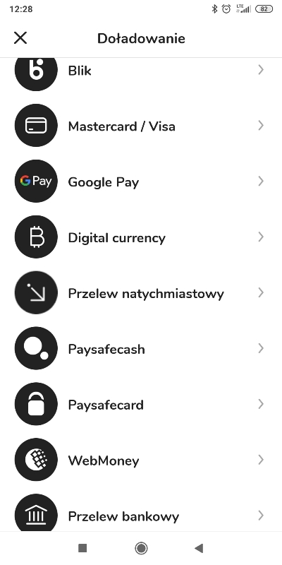 Formy doładowania konta w aplikacji Zen