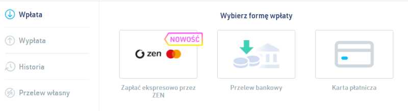 metody wpłaty na Zonda: Zen, przelew, karta płatnicza