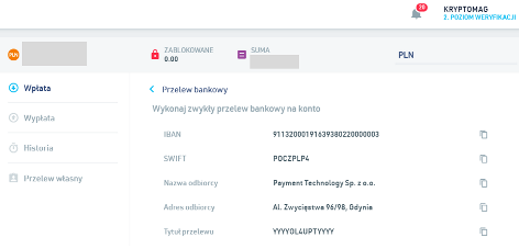 Dane do przelewu bankowego Zonda