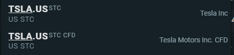 Wynik wyszukiwania akcji Tesla na platformie brokerskiej XTB