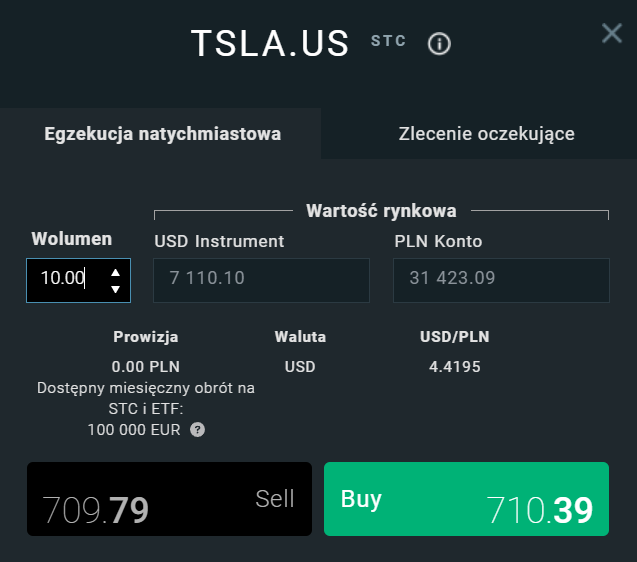 Akcje Tesla na platformie brokera XTB