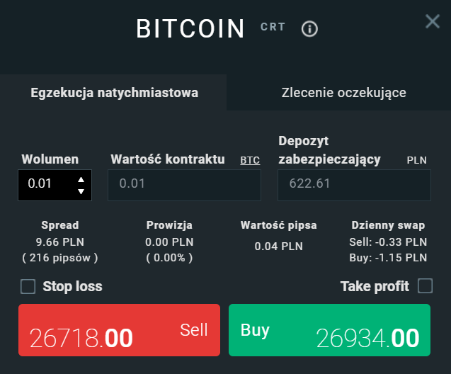 CFD na bitcoin - przykład z platformy transakcyjnej XTB