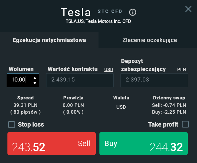 Kontrakt CFD na akcje Tesla u brokera XTB