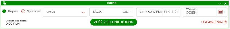 Okno zlecenia kupna akcji w usłudze eMakler