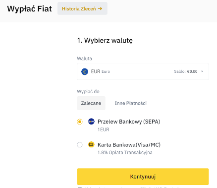 Binance wypłata w walucie euro