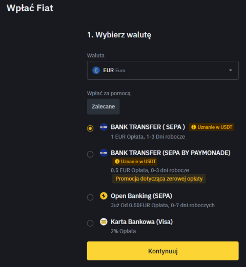 Wpłata EUR na giełdę kryptowalut Binance