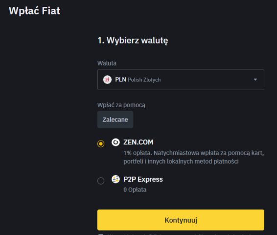 konto PLN na Binance - wpłata w złotówkach